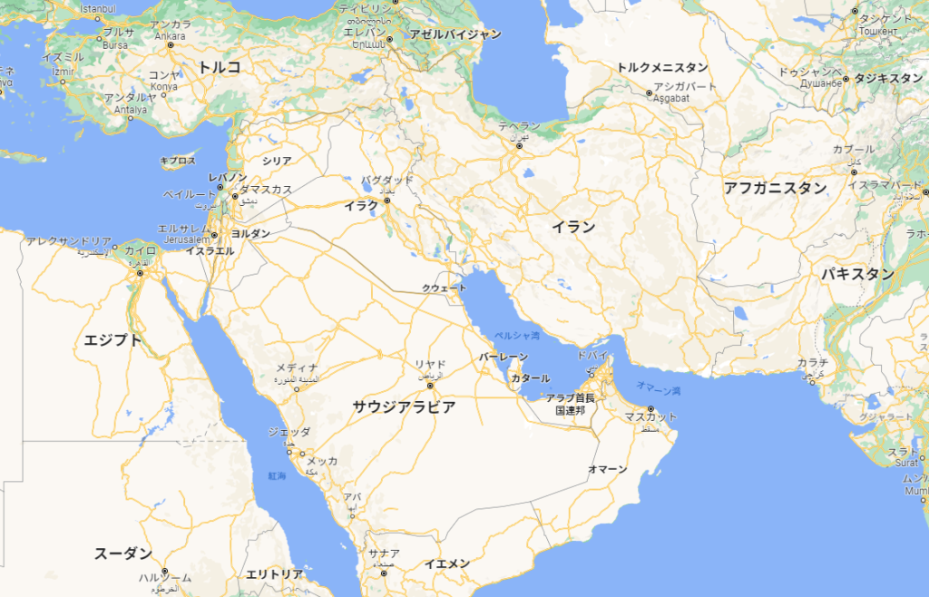 google map showing hte middle east region