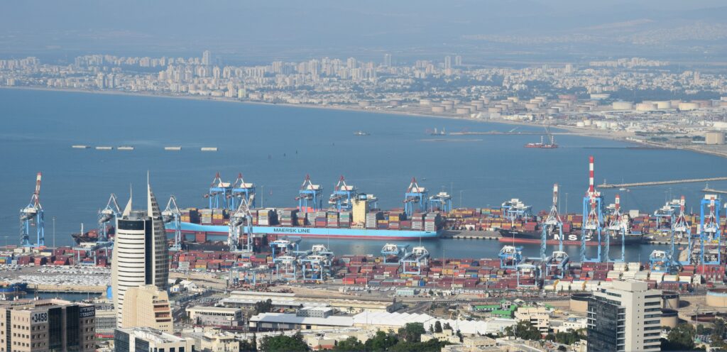 port of haifa and a maersk cargo ship harboring
